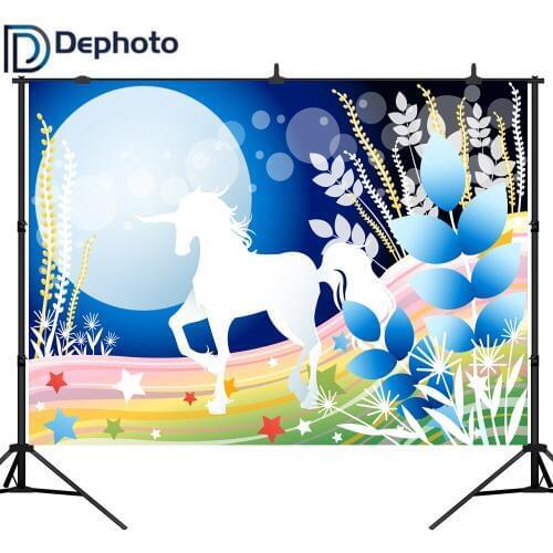 DePhoto Dreamy Unicorn Party Photography Backdrop Moonlight Stars Rainbow Baby Birthday Photo Background for Photo Studio
