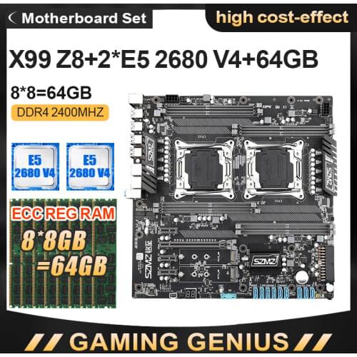 SZMZ X99 Dual CPU Motherboard Set with E5-2680V4 CPU and DDR4 8*8GB=64GB ECC REG 2400MHZ With VGA USB3.0 Sata 3.0