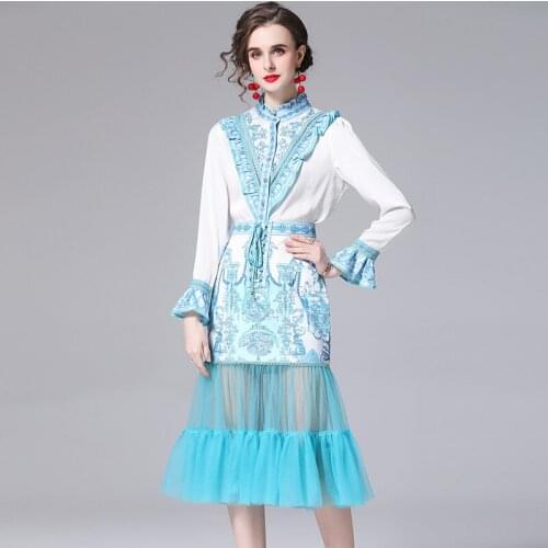 Menahem 2021 Elegant Suit Women Floral Printed Ruffles Patchwork Mesh Lace Up Skirts Sets + Long Flare Sleeve Shirts 2 Piece Set