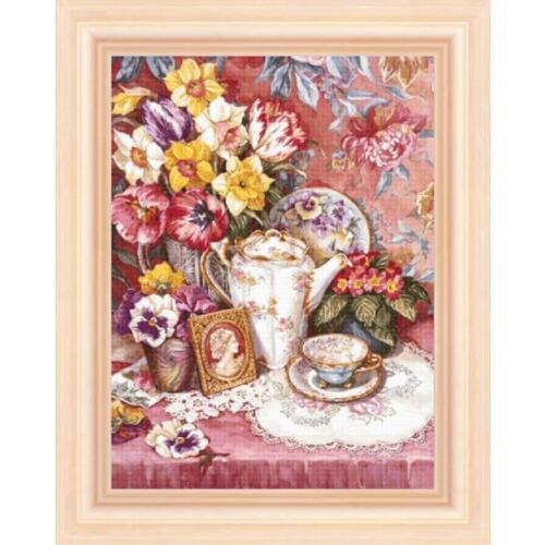 Still life,Tea set ,Flower Cross Stitch Kits Elegant Crafts 14CT Unprinted For Embroidered Handmade Art Wall Home Decor