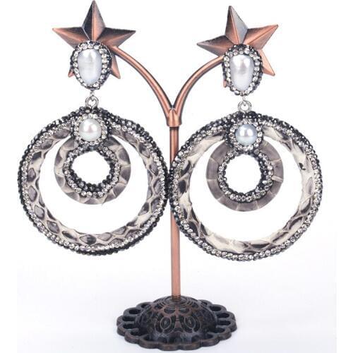 New Hollow Round Square Real Grey Snake Leather Pave Freshwater Pearl Rhinestone Pendant Charms Dangle Earrings For Women