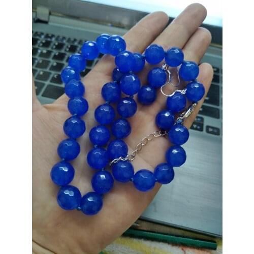 Handmade womens 12mm faced blue stone bead necklace earrings set fashion jewelry