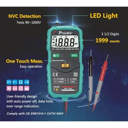 Proskit MT-1509-C Smart Pocket Automatic Digital Multimeter Ammeter Non-contact Test LED Flashlight