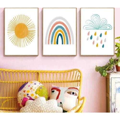 Rainbow Nursery Decor Boho Sunshine Wall Art Print Nordic Canvas Painting Cartoon Posters Wall Pictures for Kids Room Decoration