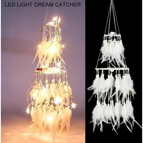 LED Light Dromenvanger Dream Chaser Bedside Wall Hanging Party Wind Chimes White Feather Wedding Decoration Creative Vintage