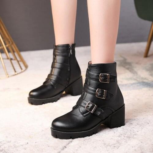 Street motorcycle boots comfortable round toe ankle boots fashion buckle zipper platform black beige high-heel womens shoes