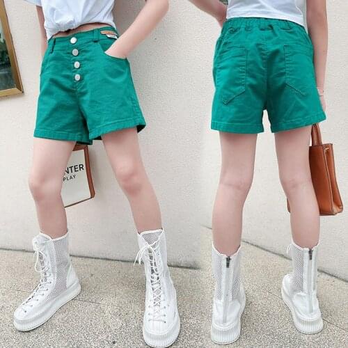 Korean Green Shorts for Kids Girls Solid Color Teenage Button Pants Fashion Summer Childrens Clothes 6 8 10 12 14Years 2021 New