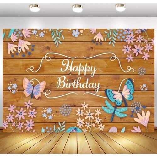 Brown Wood Board Floor Floral Baby Shower Photography Background Newborn Kids Birthday Butterfly Girl Princess Backdrop Vinyl