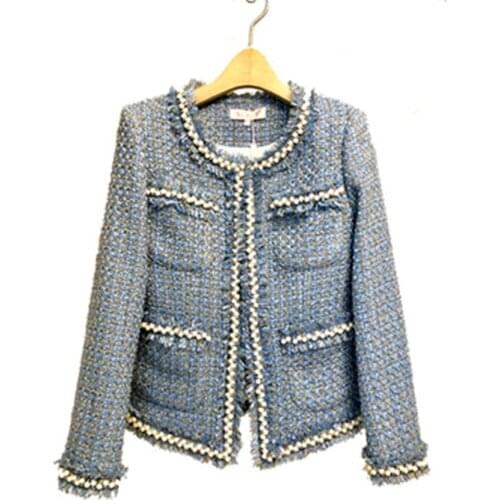 Tweed Jacket Coat 2019 Autumn Women Jacket Outwear fashion Long Sleeve Woolen Fringed Trim Tassels Pearl Pocket Runway Jacket
