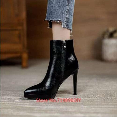 Hot Sale Black Leather Pointed Toe Platform Ankle Boots Pointy Toed Thin High Heels Botas Mujer Fall Winter Boots Shoes Woman
