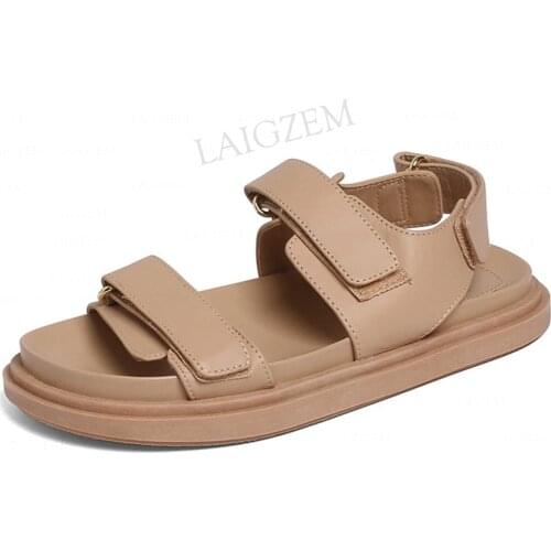 LAIGZEM Women Sandals Real LEATHER Flat Heels Comfortable Handmade Nude Black Sandalia Spring Summer Shoes Woman Size 36 38 39