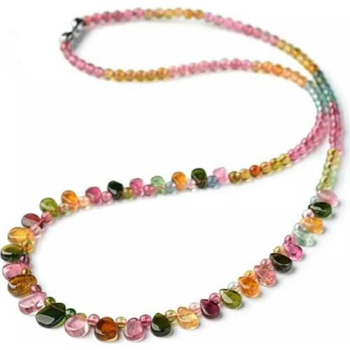 3mm Genuine Colorful Natural Tourmaline Quartz Gemstone Natural Stone Crystal Rope Chain Long Necklaces Women Female
