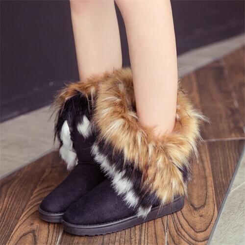 2020 winter snow boots women suede leather winter shoes black fashion imitation big natural fox fur tassels womans Furry Boots