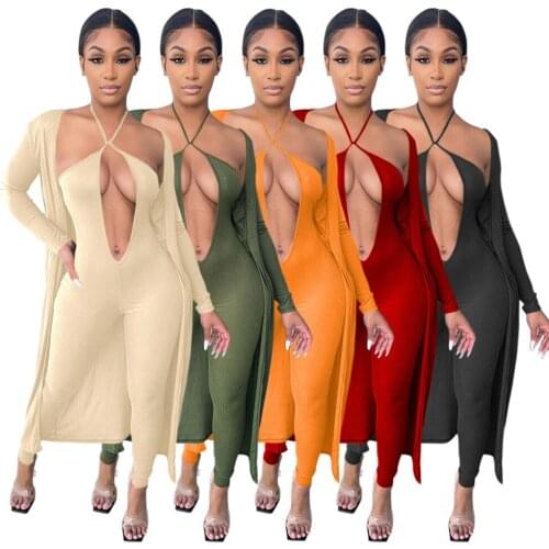 2020 Best Quality Fashion Design 2 pcs Women Set Solid X-long Outwear and Halter Jumpsuits Sexy Outfits