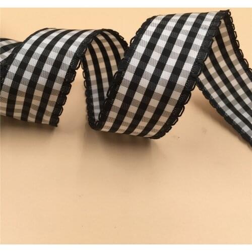 38MM 25yards Wired Edge Black Plaid Check Ribbon Foral Border for Festival Christmas Decoration New Year Gift Wrapping