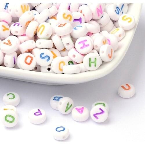 500g Initial Acrylic Letter Beads Flat Round Mixed Color Beads For DIY Jewelry Making , 7x3.5~4mm, Hole: 1.2mm; about 3700pcs