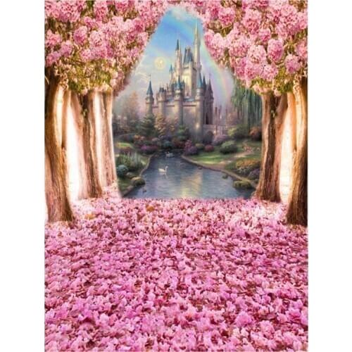 7X5Ft Photography Background Fantasy Castle Theme Pink Cherry Blossom Photo Studio Background Cloth for Party Photo