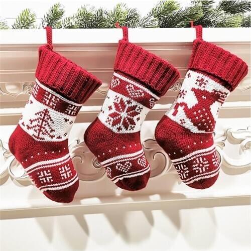 New Year Christmas Large Stockings Tree Elk Snowflake Ornament Fabric Knitted Gift Candy Bag For Children Fireplace Tree Decor