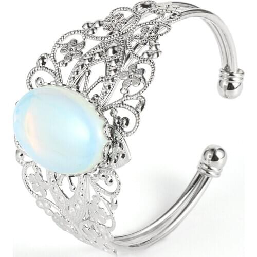 Natural Opal Onyx Crystal Tiger Eye Stone Bracelet Bangles For Men Women Vintage Silver Color Flower Copper BOHO Wrap Bracelet