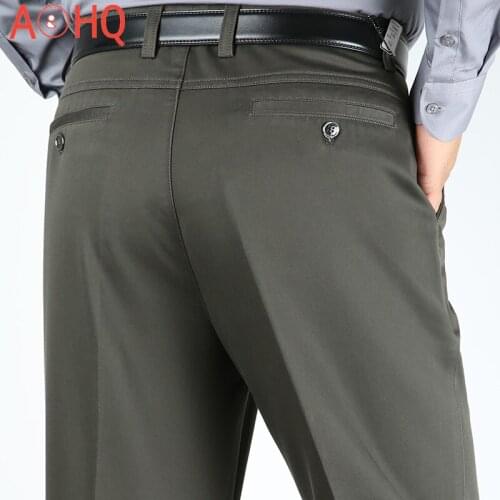 High Waist Dress Pants Men Straight Stretch Flat Cotton Black Spring Autumn Office Formal Suit Trousers Men Big Size 29-40 42