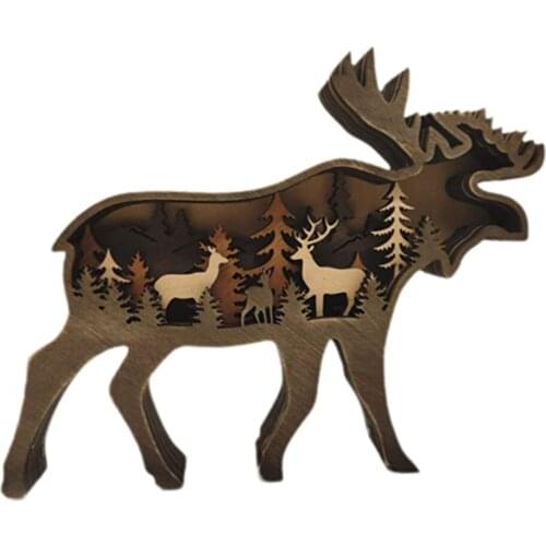 Wood Creative Elk Brown Bear Home Ornaments Hand Carved Wooden Decoration Indoor&Outdoor Garden Decorative Ornaments