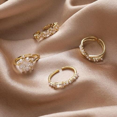 Elegant Geometry Pearl Gem Rings For Women 2021 New Fashion Female Jewelry Good Gift Adjustable Opening Ring