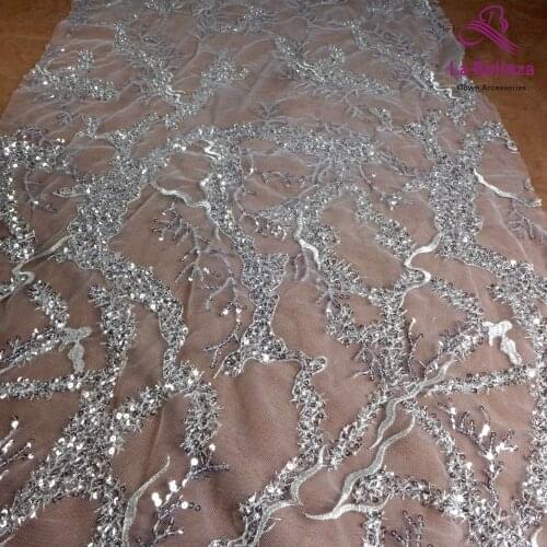 La Belleza 2021 New Silver fashion bridal lace,ivory lace fabric,silver beading wedding dress lace fabric 51'' width 1 yard