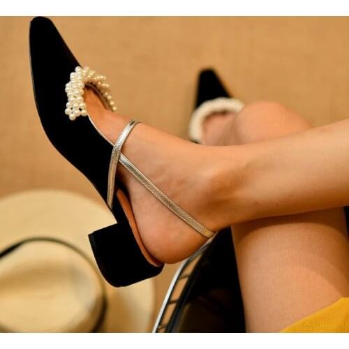 Summer Women Mules Shoes Elegant Pearl Ladies Pumps Sexy Square Toe Heel Sandals Retro Shoes Female Fashion Footwear
