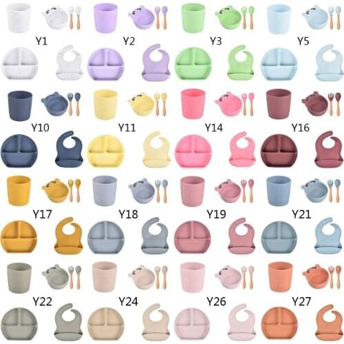 6 Pcs Baby Silicone Bib Divided Dinner Plate Sucker Bowl Spoon Fork Cup Set Training Feeding Food Utensil Dishes