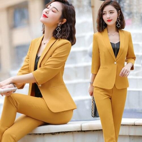 IZICFLY new style yellow blazer set summer business office pant and blazer Business OL 2 piece set outfits for women work wear