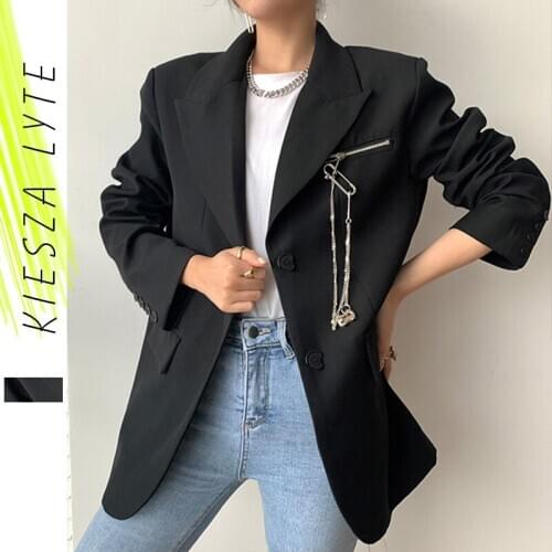 Runway Fashion Black Jacket Blazer Silver Metal Chain Long Sleeve Casual Trend Blazers Coat Woman Outwear Spring 2021