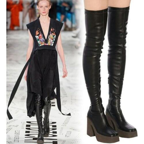 Sexy Square Toe Boots For Women Elastic Winter Boots Women High Heels Thigh High Boots Platform Shoes Women botines mujer 2021