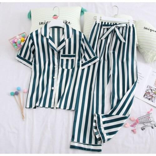 Silk Pajamas Suit Women Summer Autumn Pajama Sets Silk Satin Sleepwear Pyjamas stripper sleepwear