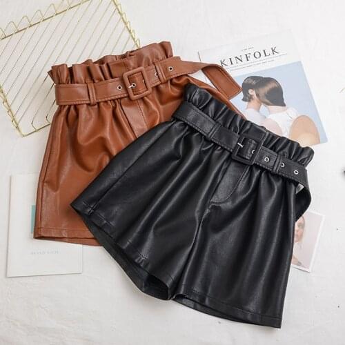 Autumn Women PU Shorts Ladies High Waist Wide leg Shorts All Match Sashes Shorts Female Casual Black Shorts Plus Size 5XL AB1579