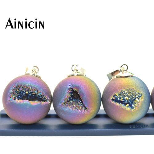 Unique Natural Drusy Ball Silver Bail Pendants Rainbow Silver Blue Champagne Plating Fashion Jewelry Making Findings