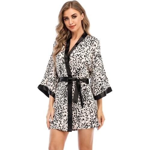 Witbuy Summer Sexy Leopard Satin Mini Robe Sleepwear Women Ladies Night Dress Lingerie V-neck Nightdress Lace Up Loose Nightgown