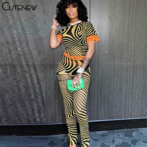 Cutenew Mesh Striped Print Two Piece Sets Women Outfits Casual Slim Short Sleeve O-Neck Top+Skinny Elastic Pants Lady Streetwear