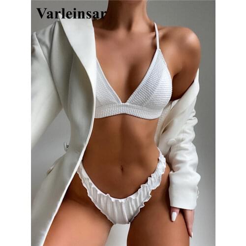 Wrinkled Mid Waist Bikini Female Swimsuit Women Swimwear Two-pieces Bikini set Ruffled Frilled Bather Bathing Suit Swim V2957