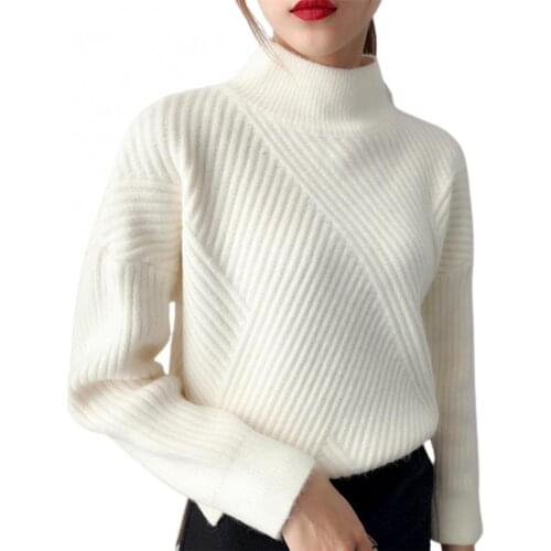 Ele-Choices 2021 Autumn Winter Women Solid Color Mock Neck Stripe Rib Warm Knitted Sweater Jumper