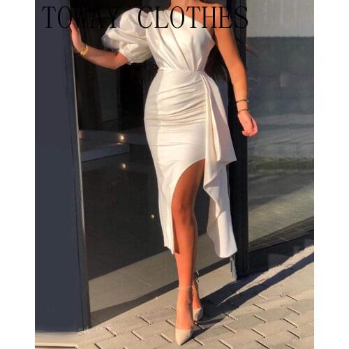 Solid One Shoulder Puff Sleeve Ruched Slit Dress Bodycon Dress Sexy Party Dress for Women Dress 2021