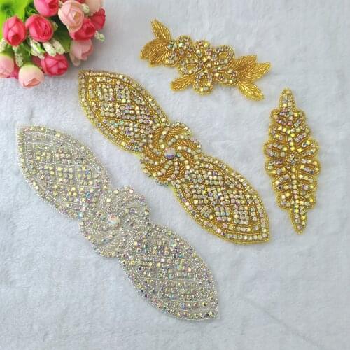 1PC) AB Rhinestones Bridal Silver Crystal Gold Patches Beaded Sew On Iron On Applique Trim For Wedding Dresses