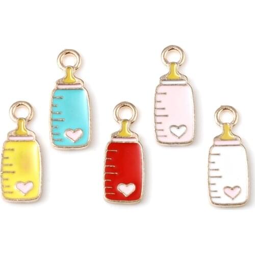 Cute Charms Milk Bottle Gold Color Metal Heart Pattern Multicolor Enamel Pendants DIY Making Necklace Jewelry 18mm x 7mm,10PCs
