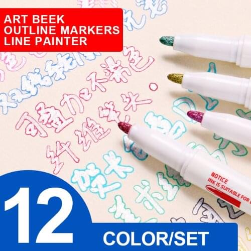 12 Pcs/set Outline Paint Marker Pen Diy Album Scrapbooking Double Line Pen Metallic Color Marker Glitter for Drawing Painting