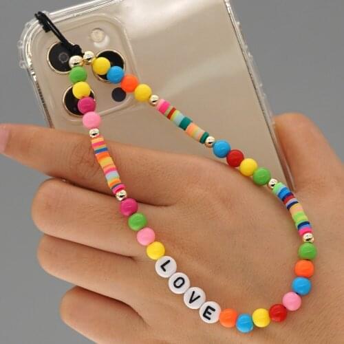 2021 Trend Colorful Pearls Letter Beads Chain Mobile Phone Chain Lanyards Rope For Phone Case Hanging Cord Women Girls Bohemia