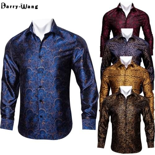Barry.Wang 3XL Dress Shirts Gold Blue Silk Paisley Men Shirt Long Sleeve Slim Vintage Spring Autumn Casual Party Male Fashion