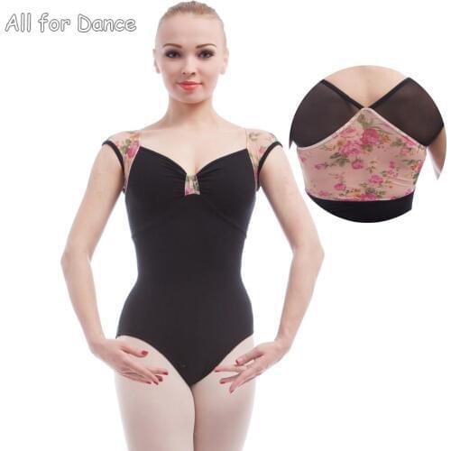 Free Shipping Adult Ballet Leotards Black Cotton With Flower Printed Mesh Ballet Bodysuit Shapewear Gymnastic Leotard For Dance