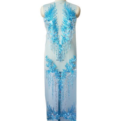 Large Sky Blue Embroidery Rhinestones Beads Lace Applique Flower Fabric Patch Collar Wedding Gown Bridal Dress Clothes DIY Craft