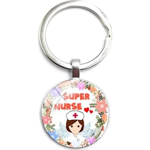2020 Latest Home Stethoscope Nurse Syringe Picture Keychain Round Convex Glass Dome Pendant Men and Women Fashion Charm Keychain