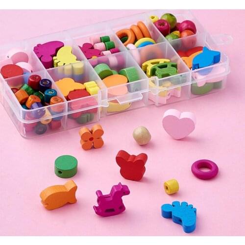1Box Cute Heart Fish Flower Shapes Wood Beads Wooden Loose Beads for Children DIY Kids Bracelet Necklace Jewelry Mixed Color
