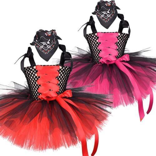 Girls Pirate Tutu Dress Red black Fluffy Birthday Party with Scarf Set Kids Cosplay Halloween Costume 2 Color Options 0-12Y
